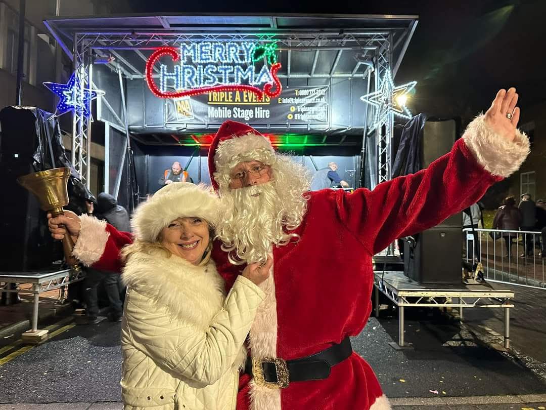 Tracy with Father Christmas at a Christmas light switch-on