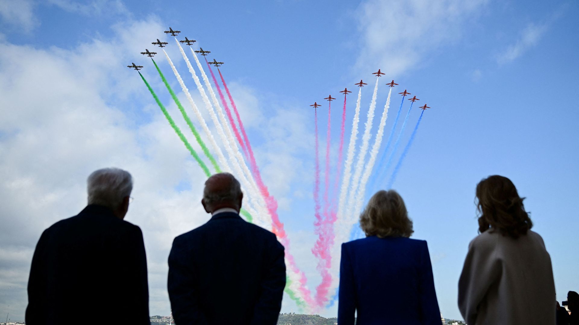 King and Queen watch flypast over Rome as state visit to Italy under way
