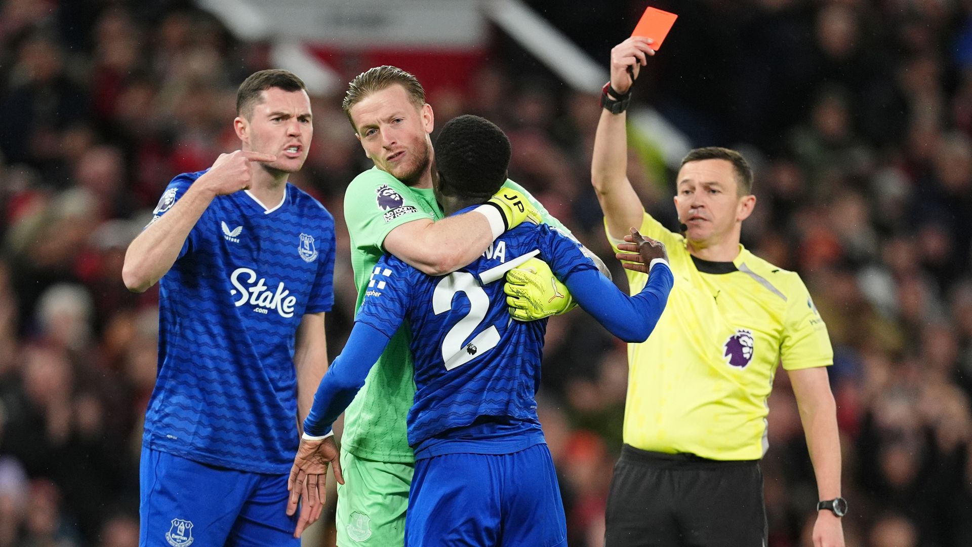 Everton player sent off after clashing with his own teammate